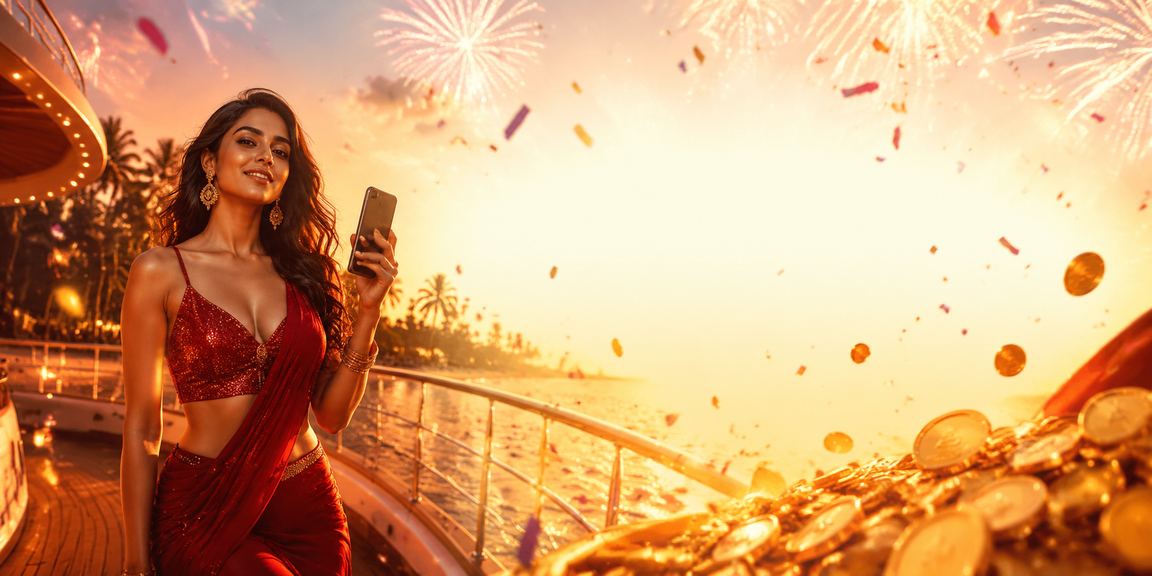 Lottery enthusiast playing online on mobile at Goa beach with red and gold design